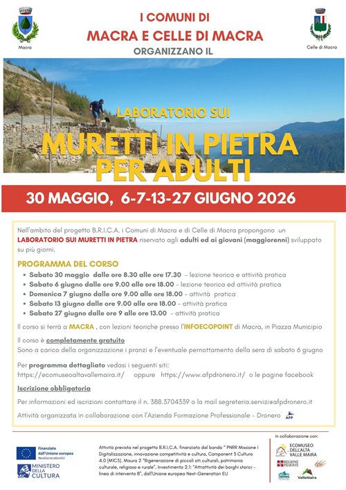 Laboratorio sui Muretti a pietra - Macra 30 maggio, 6-7-13-27 giugno 2026