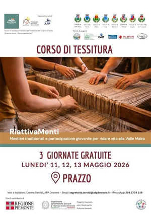 Corso di tessitura a Prazzo nelle giornate 11, 12, 13 maggio 2026